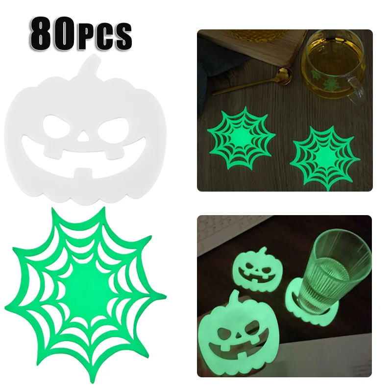 80PCS Halloween Silicone PVC Pumpkin Coasters Halloween Placemats Self-Luminous Light Absorbing Fluorescent Mats  coasters