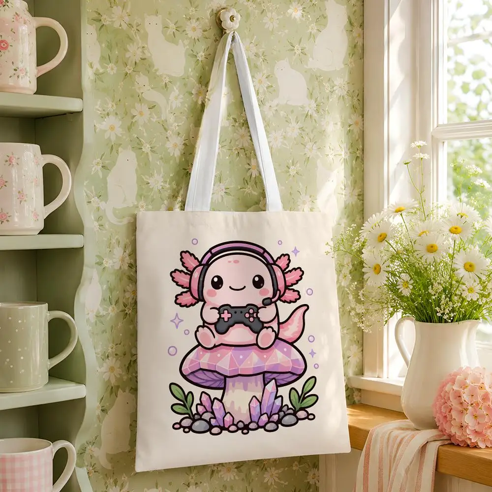 Kawaii Gamer Animals Storage Bags Reusable Canvas Tote Large Capacity Shoulder Carry For Shopping Travel Work School