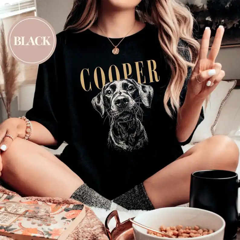 

Trendy Unisex Custom Pet Photo and Name Shirt Personalized Short Sleeve Pet Portrait Cotton Shirt Customized Birthday Presents