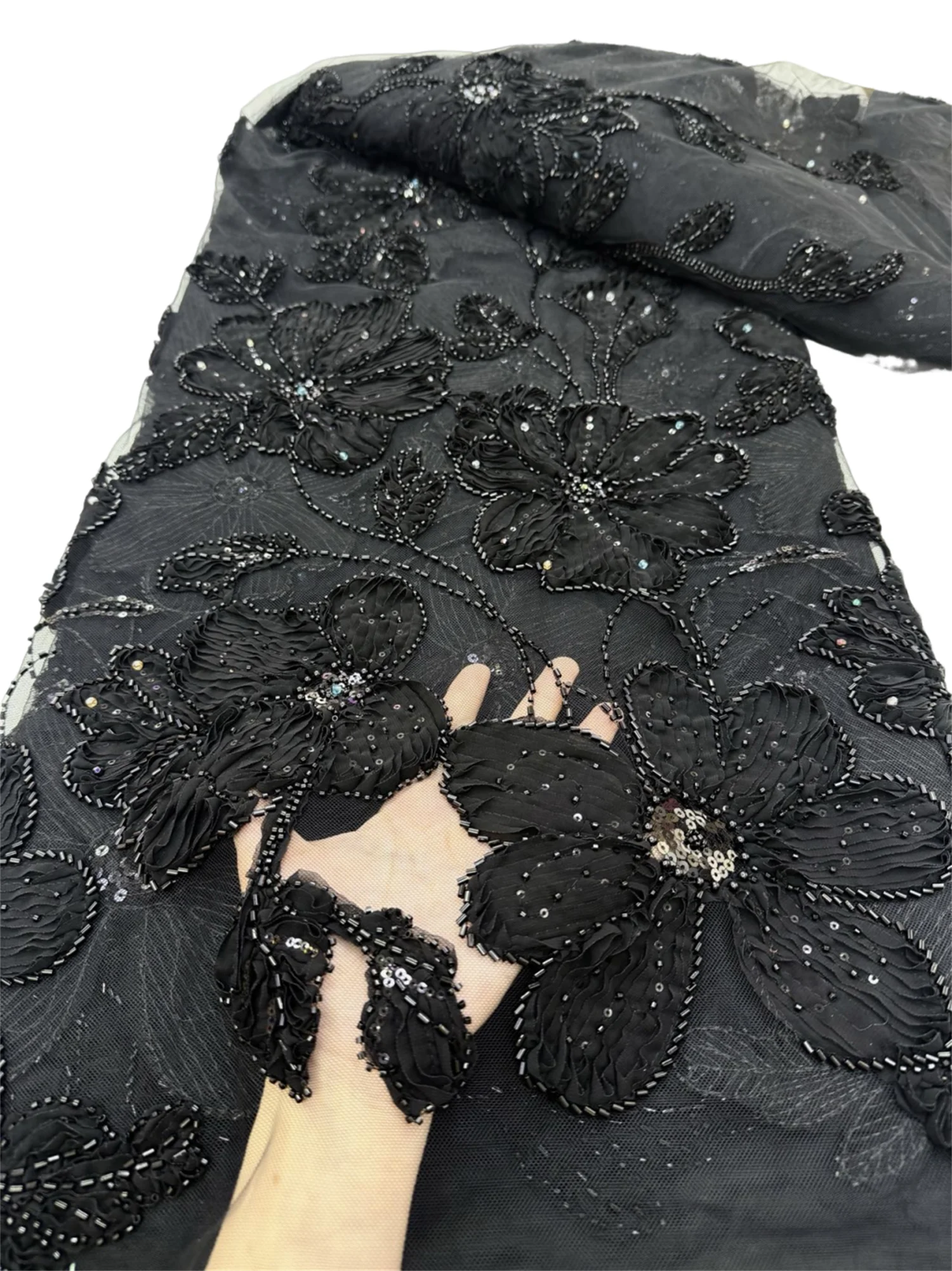 

5Y/Hot Black Color French Fabric High Quality Luxury Design 2025 Embroidery Net Lace Rich Beaded Flower For Wedding Party Dress