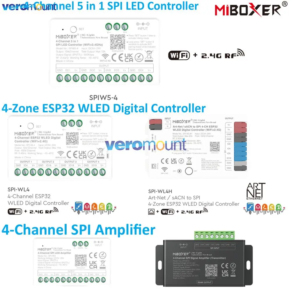 MiBoxer SPIW5-4 5 in 1 SPI LED Controller WiFi+2.4G SPI-WL4 ESP32 WLED SPI-WL4H Art-Net / sACN to SPI 4-CH ESP32 Digital Control