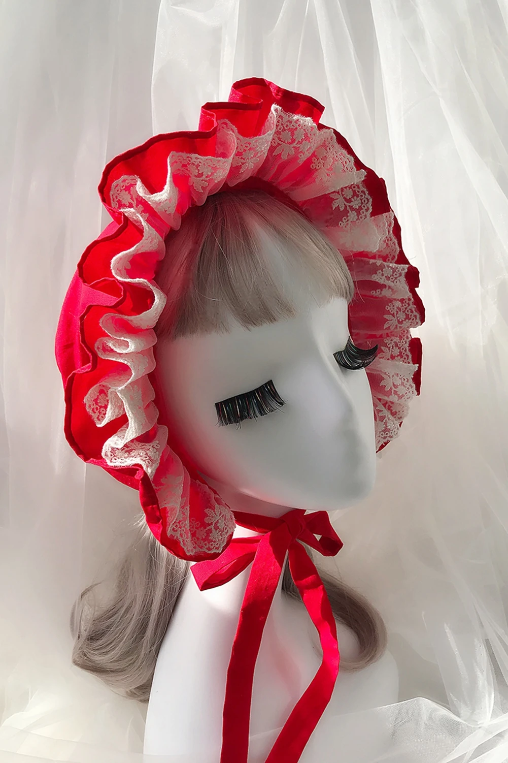 Lolita Ruffled Bonnet หมวก 56 ซม.หญิงสาว Victorian ยุคกลาง Vintage Maid Cosplay Lace - up ปรับหมวกหมวกฟักทอง