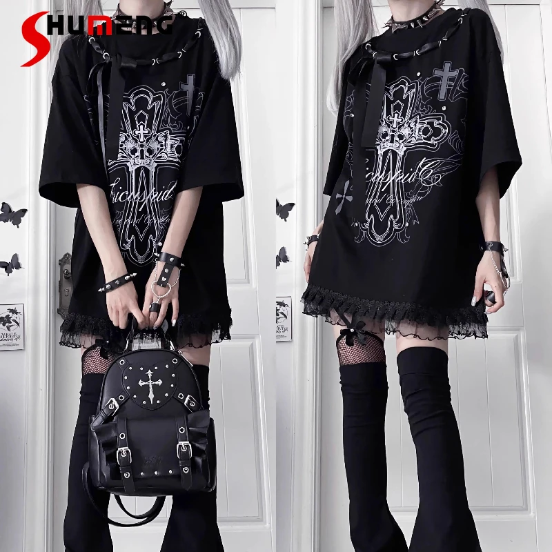 

Original Aesthetic Gothic Black Cotton T-Shirt Summer Subculture Girl's Sweet Cool Loose Slim Printed T-Shirt Short Sleeve Tops