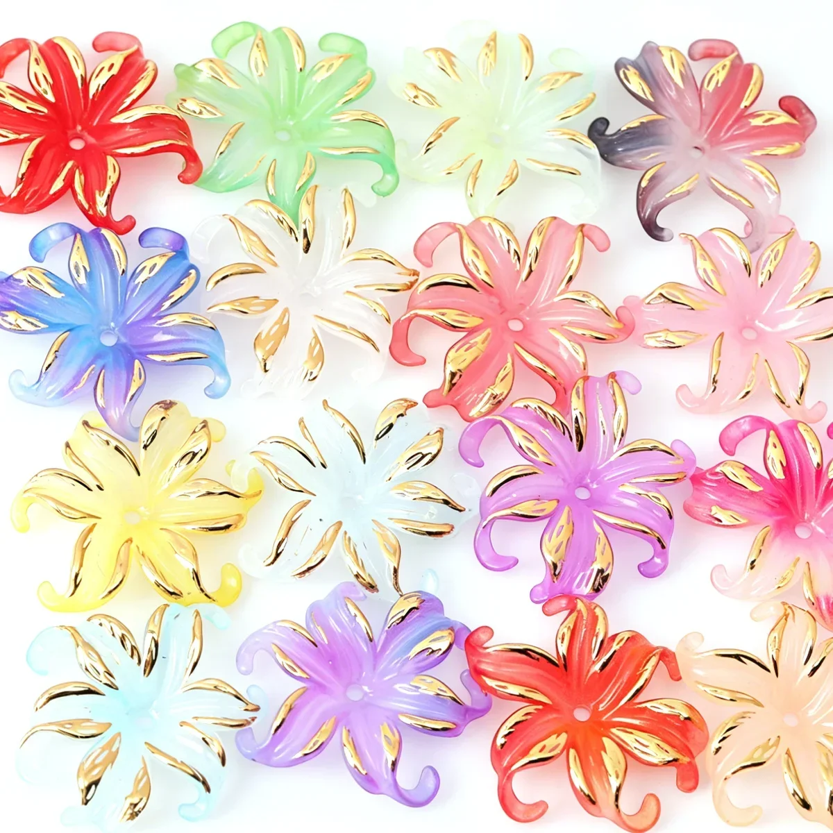 6pcs Random Color 4.4cm Gold Foil Curly Petal Large Lily Flower Acrylic Beads for DIY Necklace Bracelet Craft Supplies