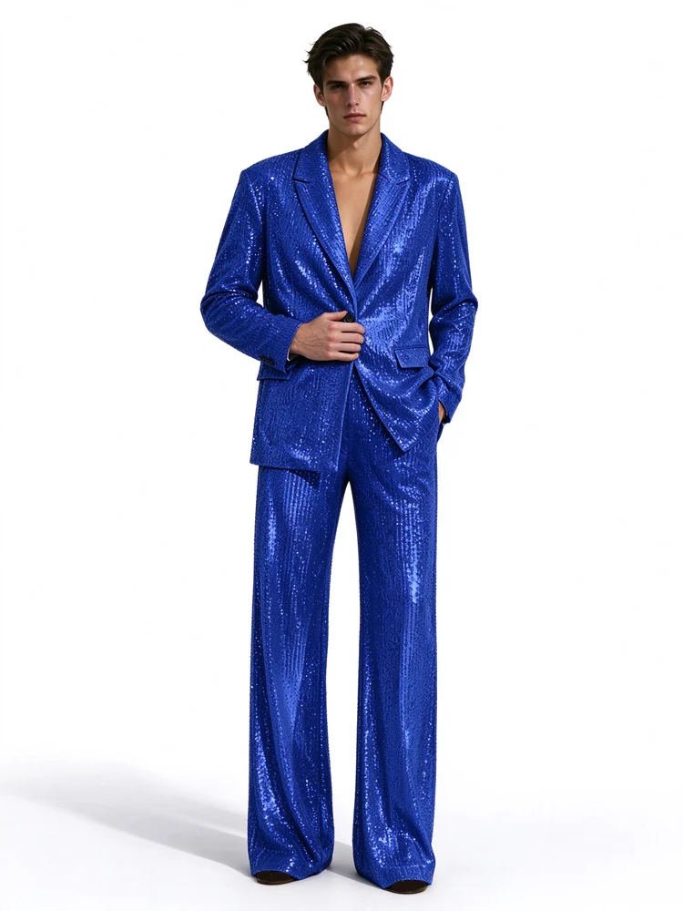 Men's Sequin Suit 2 Piece Sparkly Notched Lapel Blazer Wide Leg Pants Set Wedding Prom Stage Performance Nightclub Tuxedo Outfit