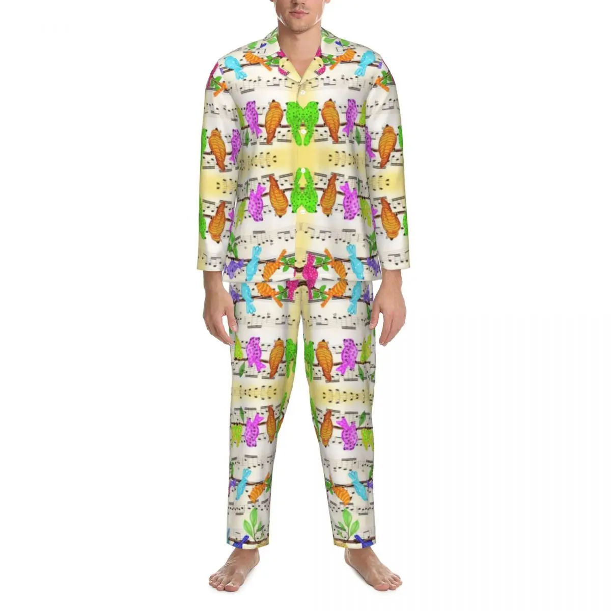 Musical Birds Print Pajama Sets Cute Colorful Animal Kawaii Sleepwear Men Long Sleeve Loose Leisure 2 Pieces Nightwear Plus Size