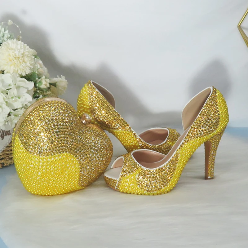 BaoYaFang Brand Women wedding shoes and bags bridal High heels platform shoes Ladies Party shoes heart purse Open Toe Golden