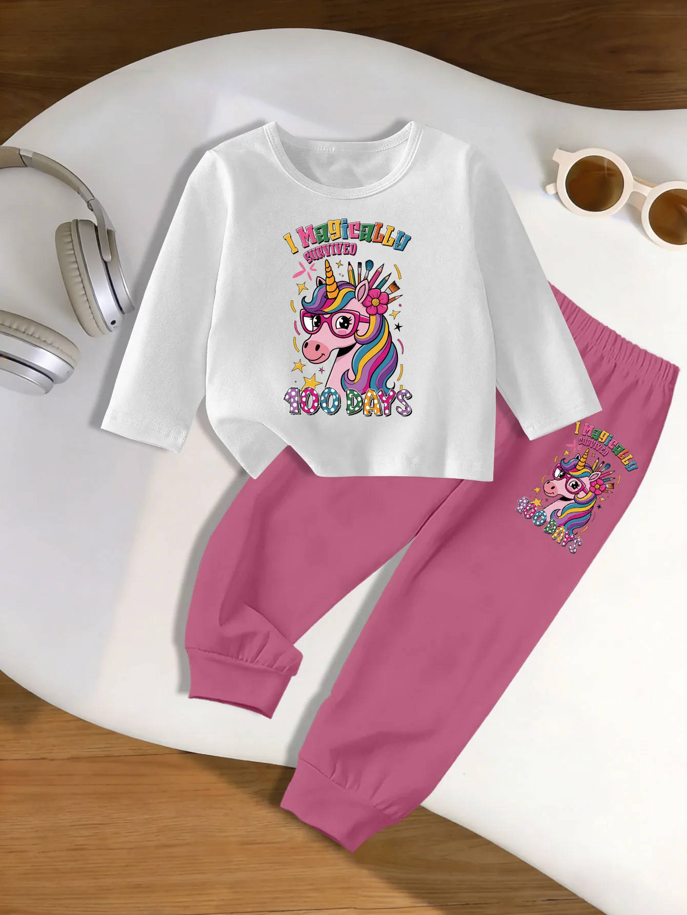 

Комплект из 2 предметов: осенняя милая футболка с длинными рукавами и брюки для бега для девочек с разноцветными единорогами из мультфильма