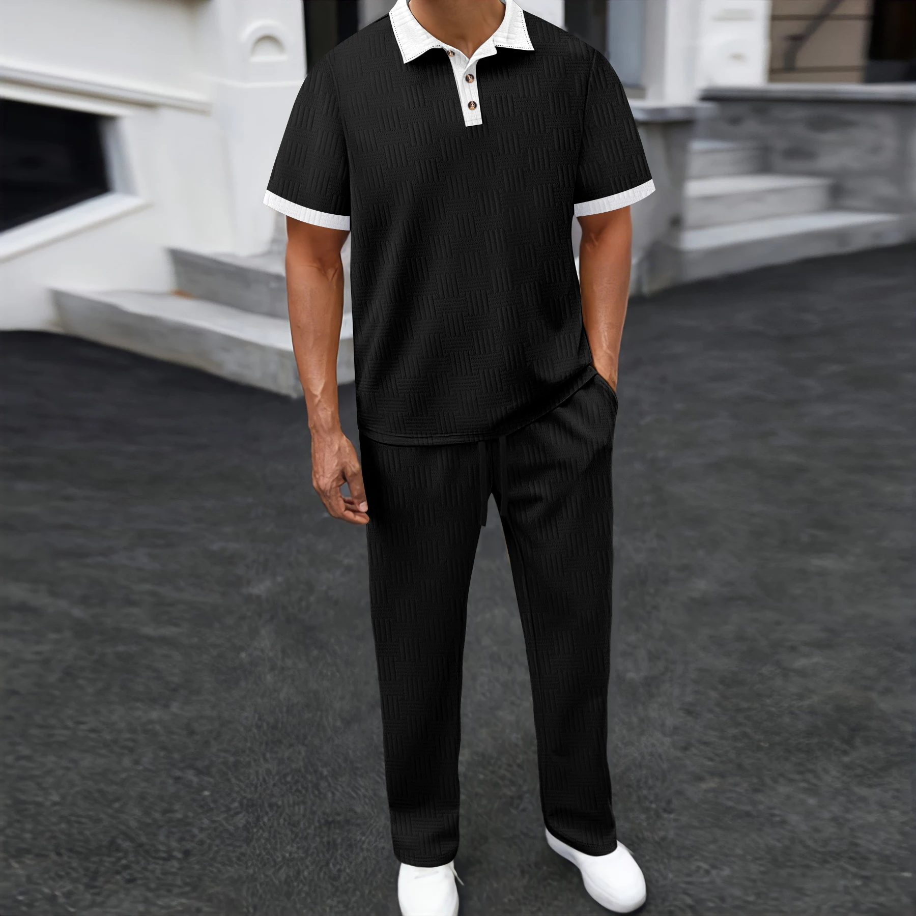 

Summer Men's Waffle Knit Polo Shirt Fashion Streetwear Contrast Trim Short Sleeve Tee