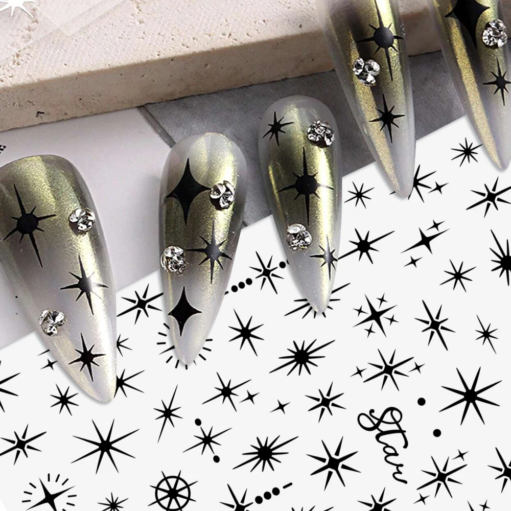 ﻿12pcs Y2k Black Sun/Moon Nail Art Sticker 3D Metal Star,Snake,Geometric lines Zodiac Signs Nail Decals DIY Nail Tips Decoration
