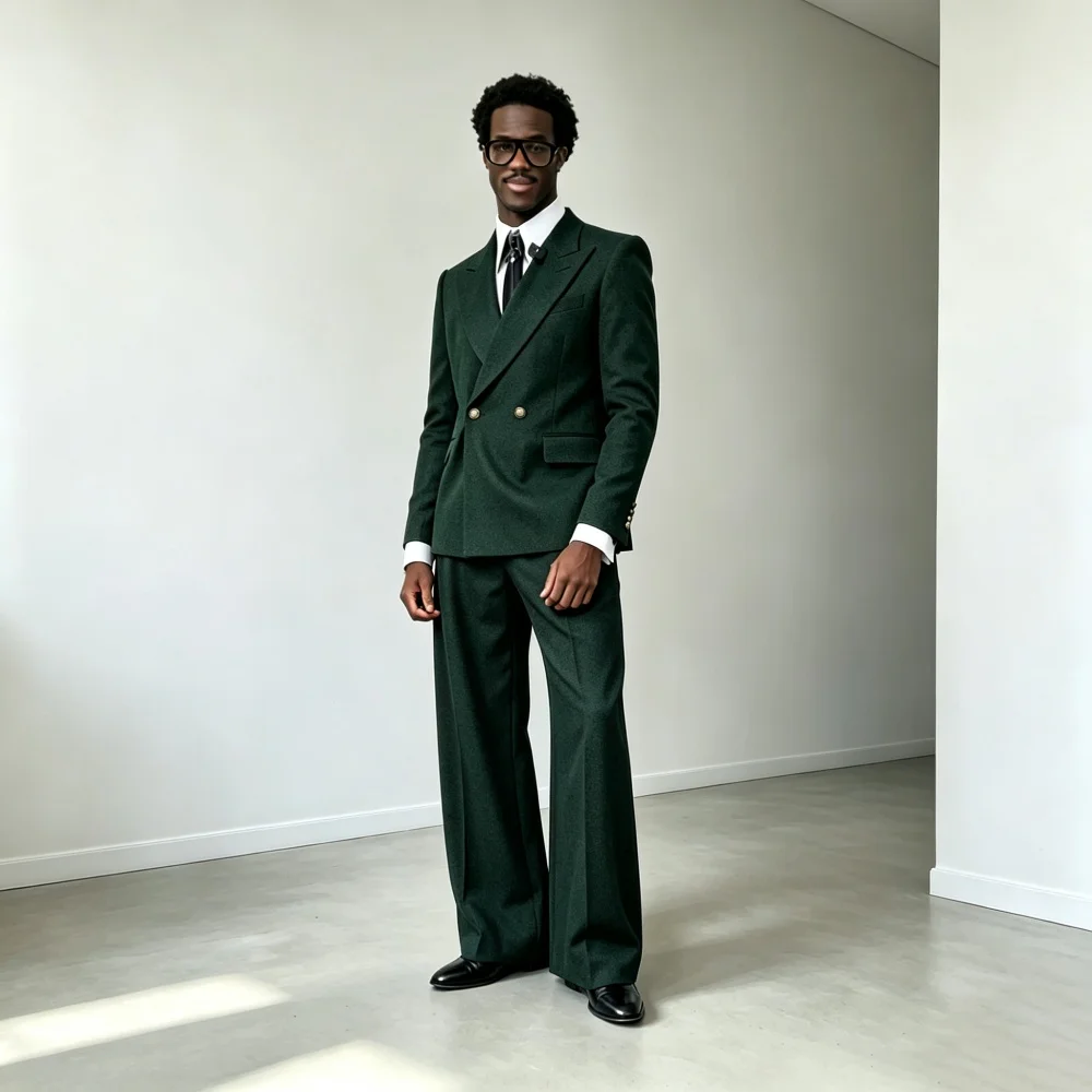 Double Breasted Wide Pants Men Suit Set Separates 2 Pieces Custom Tuxedo For Men Wedding Prom Groom Party (Jacket + Pants)