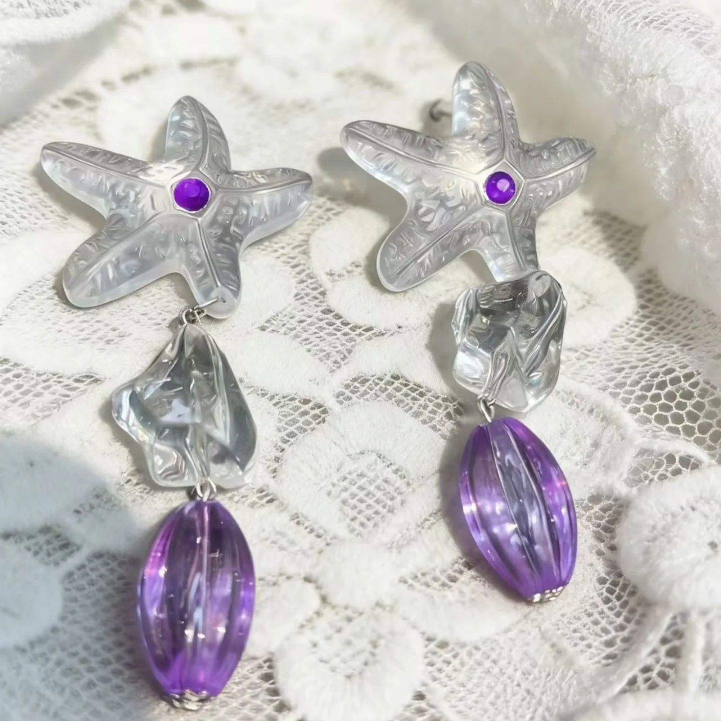 Summer vacation style transparent starfish earrings