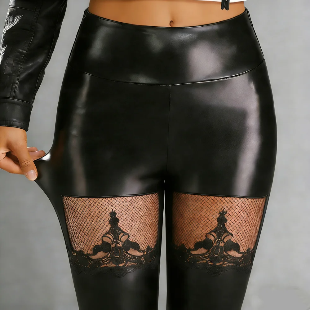 Sexy Lace Trim Faux Leather Leggings For Women High Waist Skinny Fit Stretchy Leather Look Leggings Autumn Winter