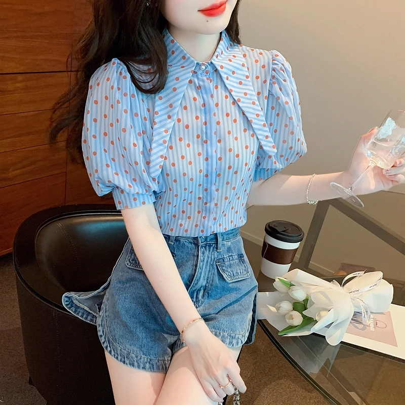 New Summer Fashion Short Puff Sleeve Blouses 2024 Vintage Dot Print Stylish Elegant Turndown Collar Sweet Shirts Blue Tops 27484