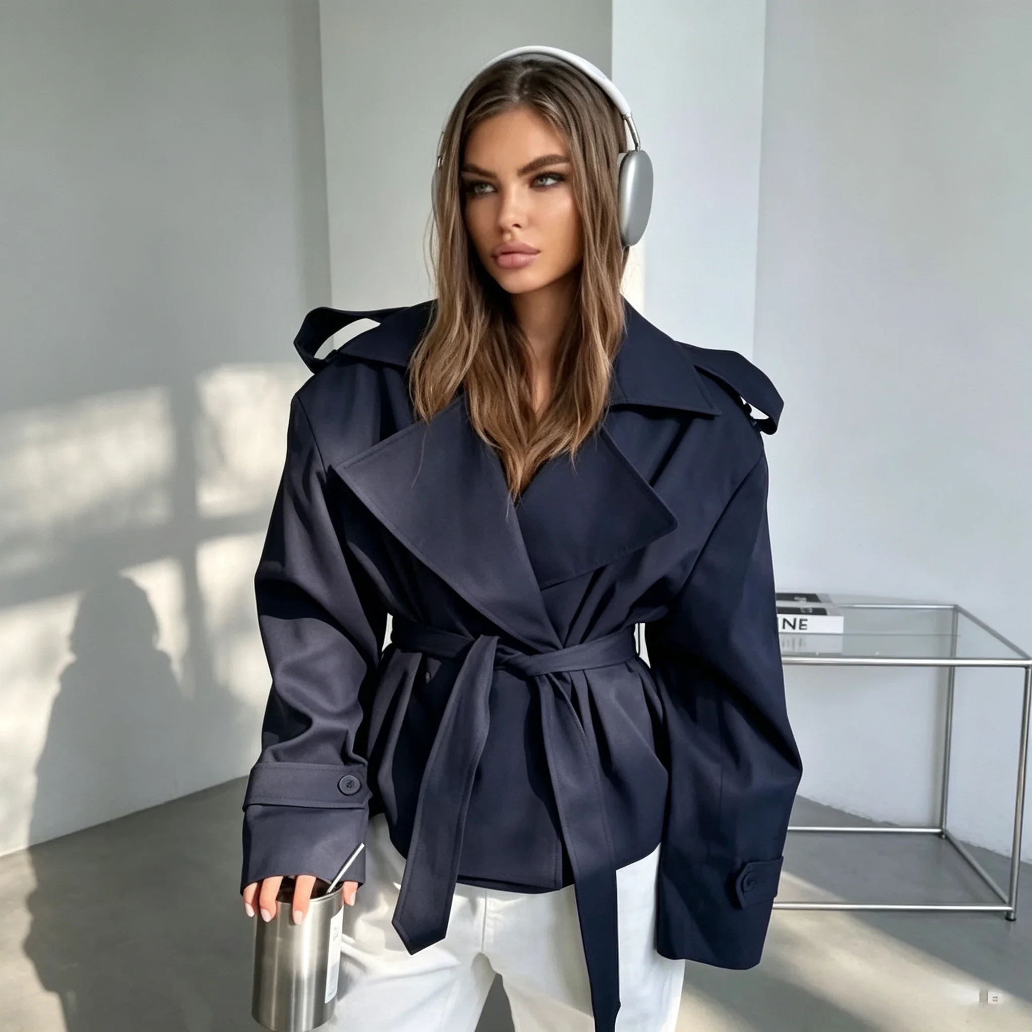 Women Short Trench Coat Lapel Collar With Waist Belt, Double‑Breasted Loose Multi‑Color Fall Casual Outerwear Jacket