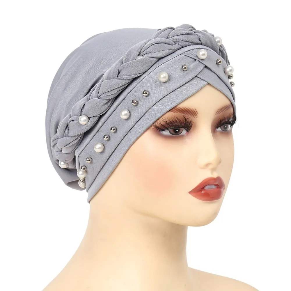 Pearl Bead Pre-Tied Twisted Hijab Lightweight Solid Color Imitation Pearl Turban Hat Adjustable Soft Head Scarf Women