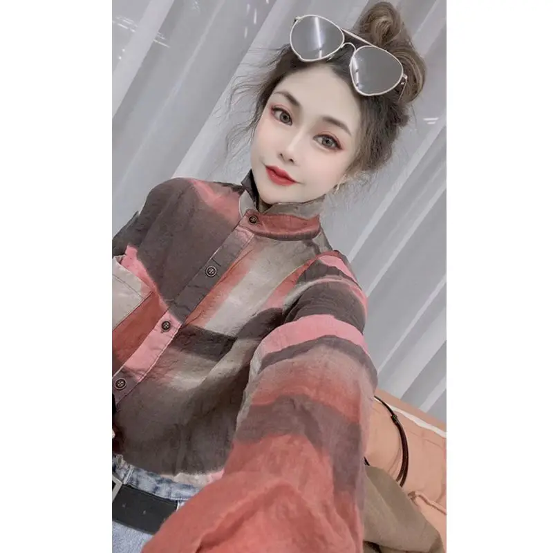 New Fashionable Plaid Shirt for Women Made of Pure Cotton Dyed and Versatile Square Neck Shirt Korean Version Loose Top