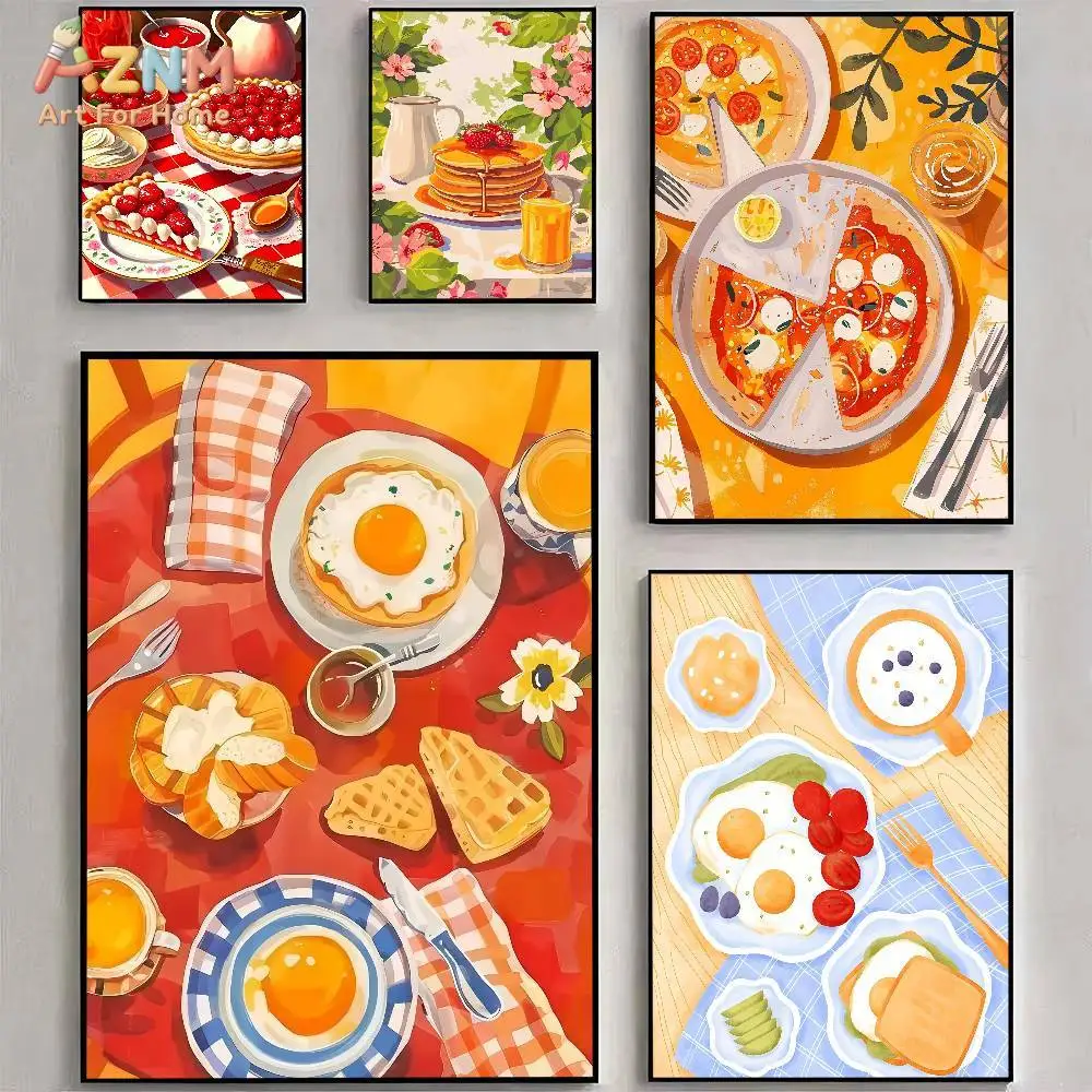 AZNM Colorful Food Illustration Canvas Wall Art Print, Breakfast Pizza Dessert Watercolor Style Poster for Kitchen Dining Room H