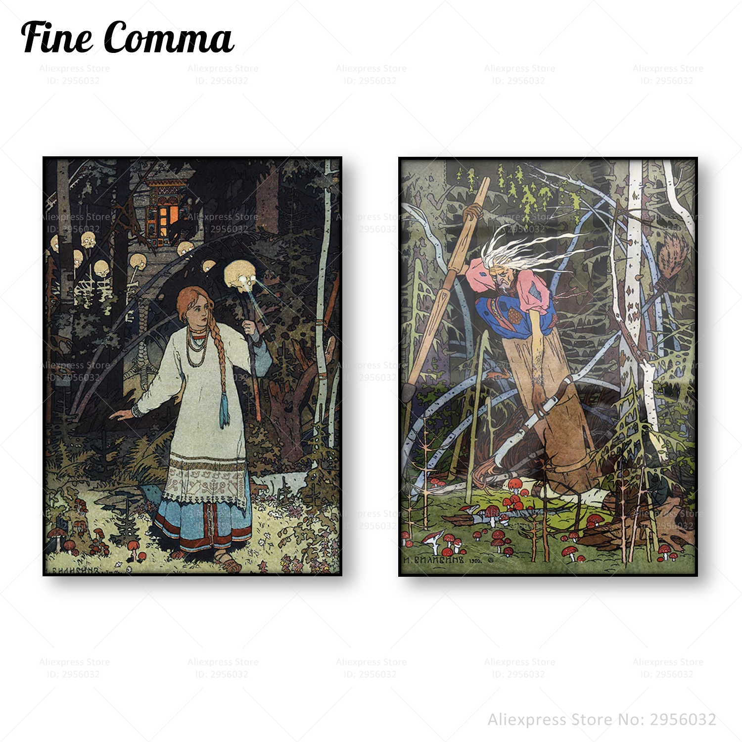 

Vasilisa the Beautiful at Hut of Baba Yaga in mortar Ivan Bilibin Vintage Poster Russian Fairy Tale Wall Art Canvas Print Decor