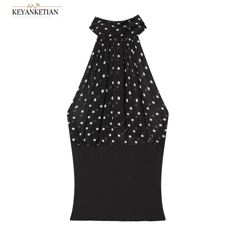 KEYANKETIAN 2026 Black White Polka Dot Halter Top Chiffon Knit Spliced Back Self Tie Bow Open Back Slim Fit Y2K Cropped Camisole