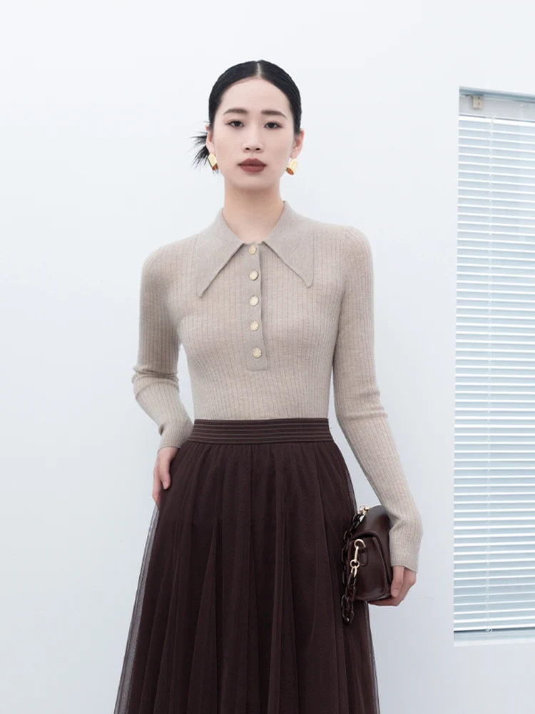 

Slim Fit Long Sve Ne Knitted Woolen Sweater for Women Poem Dr Brand Commute Sle i ey Turn-down Collar