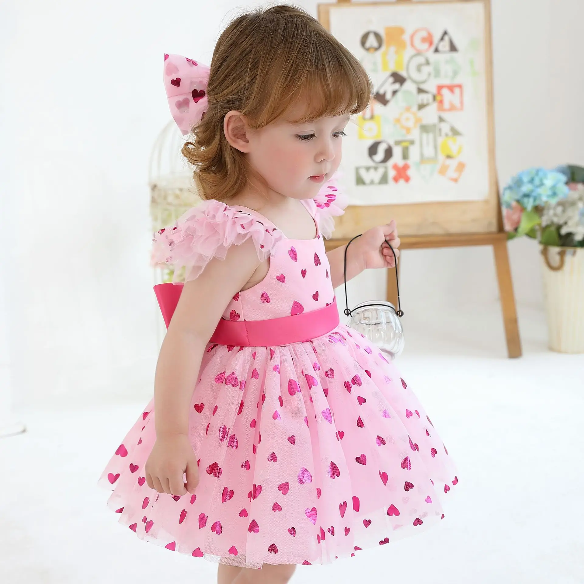 

Eu's SWIND Store Baby Girls Tulle Dress Princess Heart print Bows Flutter Sleeve A-Line Kids Clothes Valentine's Day Dresses