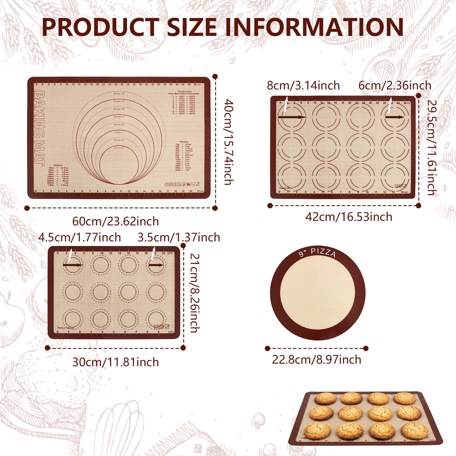 4 Pcs Silicone Baking Mats Set Non-stick Dough Rolling Pad Heat Resistant Kitchen Oven Liners with Scale for Macaron Pizza Bread