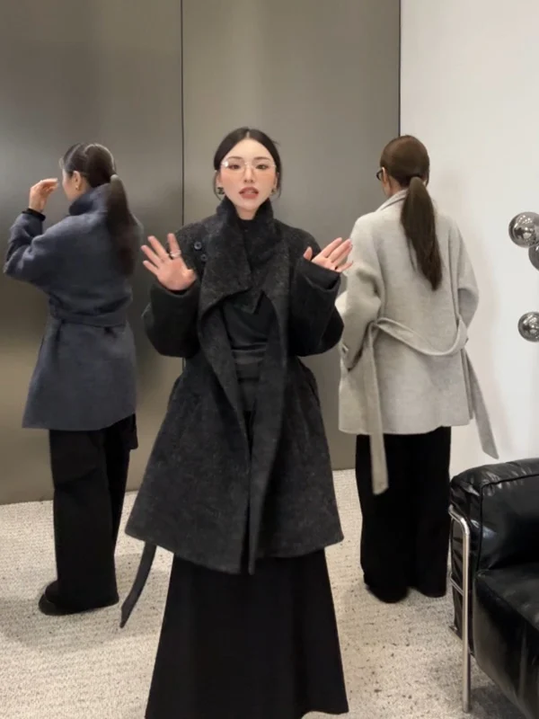 Elegant Mid-Length Woolen Coat Women's Fashionable Stand Collar Warm Outerwear Korean Style Loose Fit Winter New Arrival