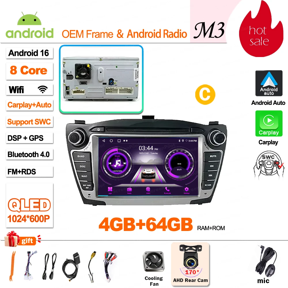Android 16 Carplay voor Hyundai IX35 Tucson 2 LM 2009 - 2015 autoradio multimediaspeler QLED scherm GPS navigatie WiFi 5G