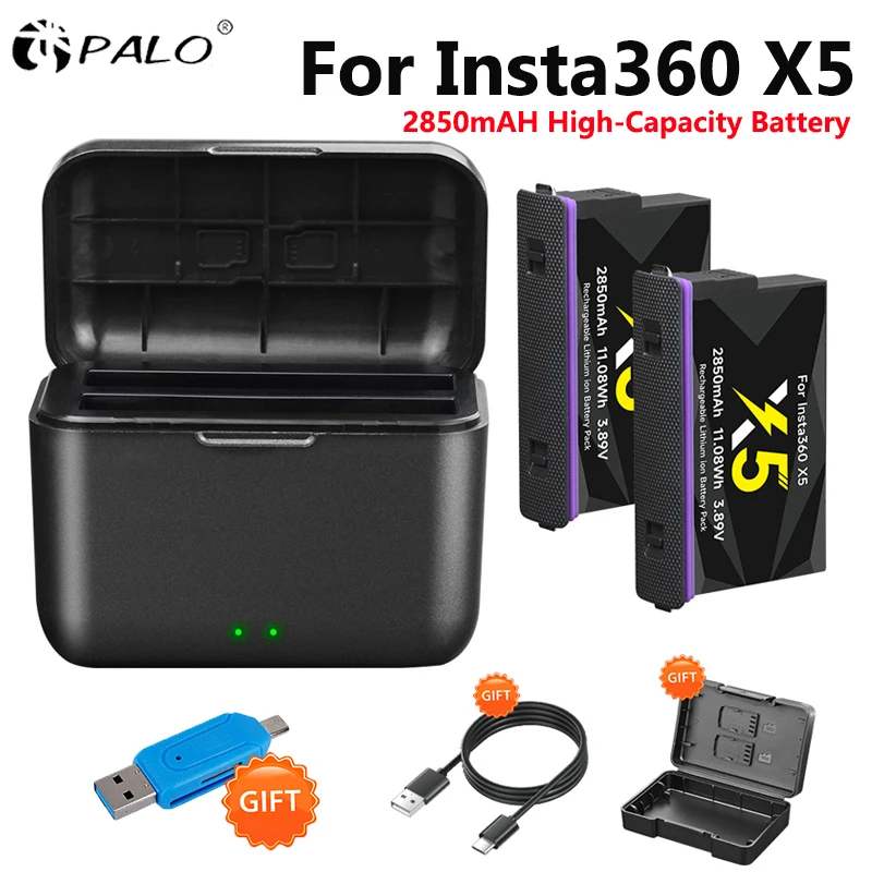 For Insta360 X5 Battery 2850mAh + 2 Card Fast Charging Case Storage Box with Type-C For Insta360 X 5 Action Camera Accessories