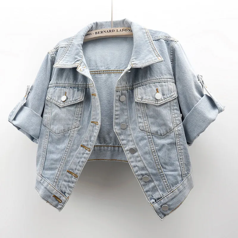 

2024 New Summer Thin Short Denim Jacket Women Vintage Short Sleeve Cowboy Outerwear Korean Big Pocket Slim Jean Coat Female B311