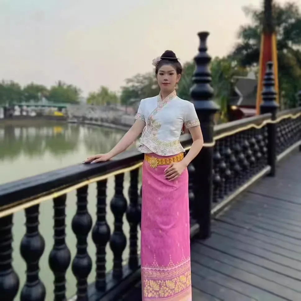 

Таиланд Мьянма женский комплект одежды Дай Тайская традиционная одежда для девочек Костюм Дай со средним рукавом Национальный наряд Этнический костюм