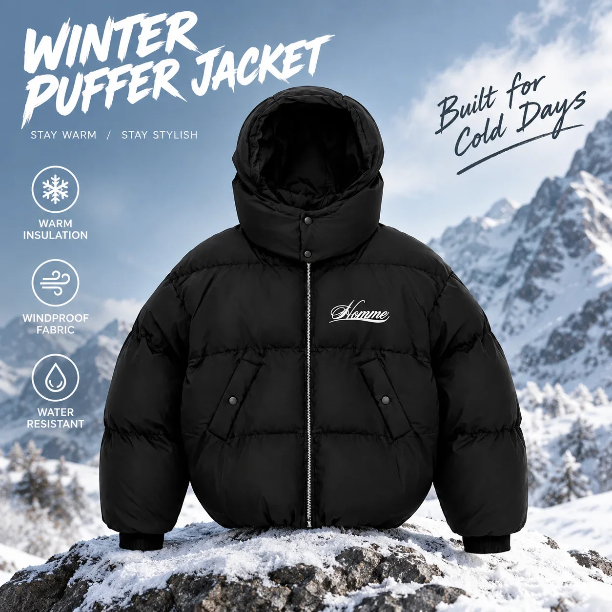 Y2K black men down coat Oversized Cropped Puffer hoodie Winter Thick Warm Resistant Homme Print Zipper Pocket Streetwear trendy