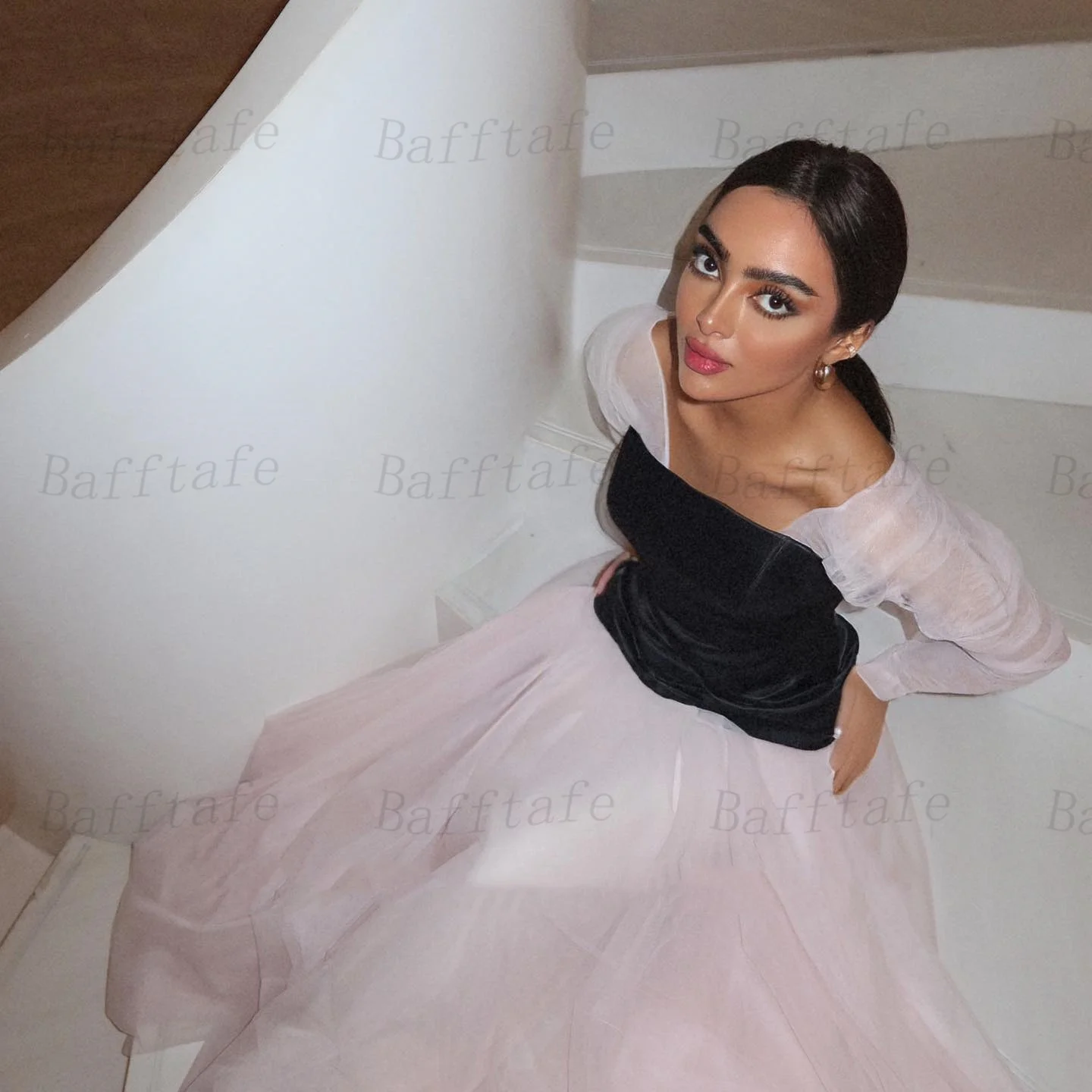 Bafftafe Customized Pink Tulle Black Satin Women Prom Dresses Long Sleeves Corset Back Formal Evening Party Special Gowns