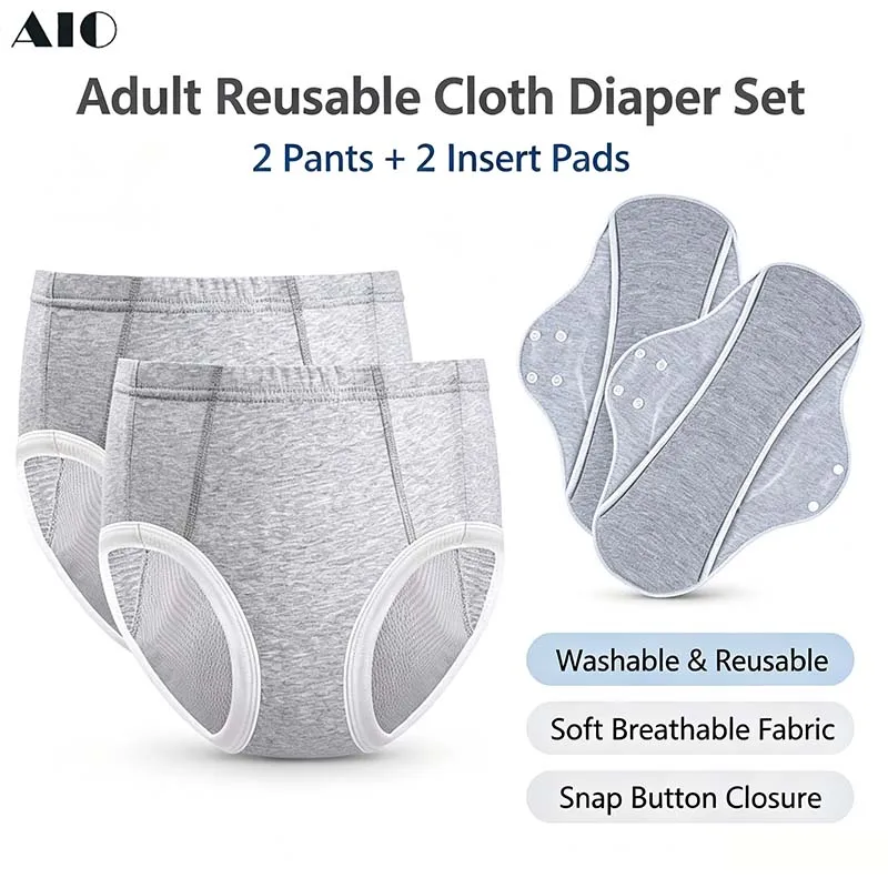 2Pcs Adult Cloth Diapers + 2Pcs Reusable Sanitary Pads Set Washable Leakproof Absorbent for Elderly Bedridden Incontinence Care