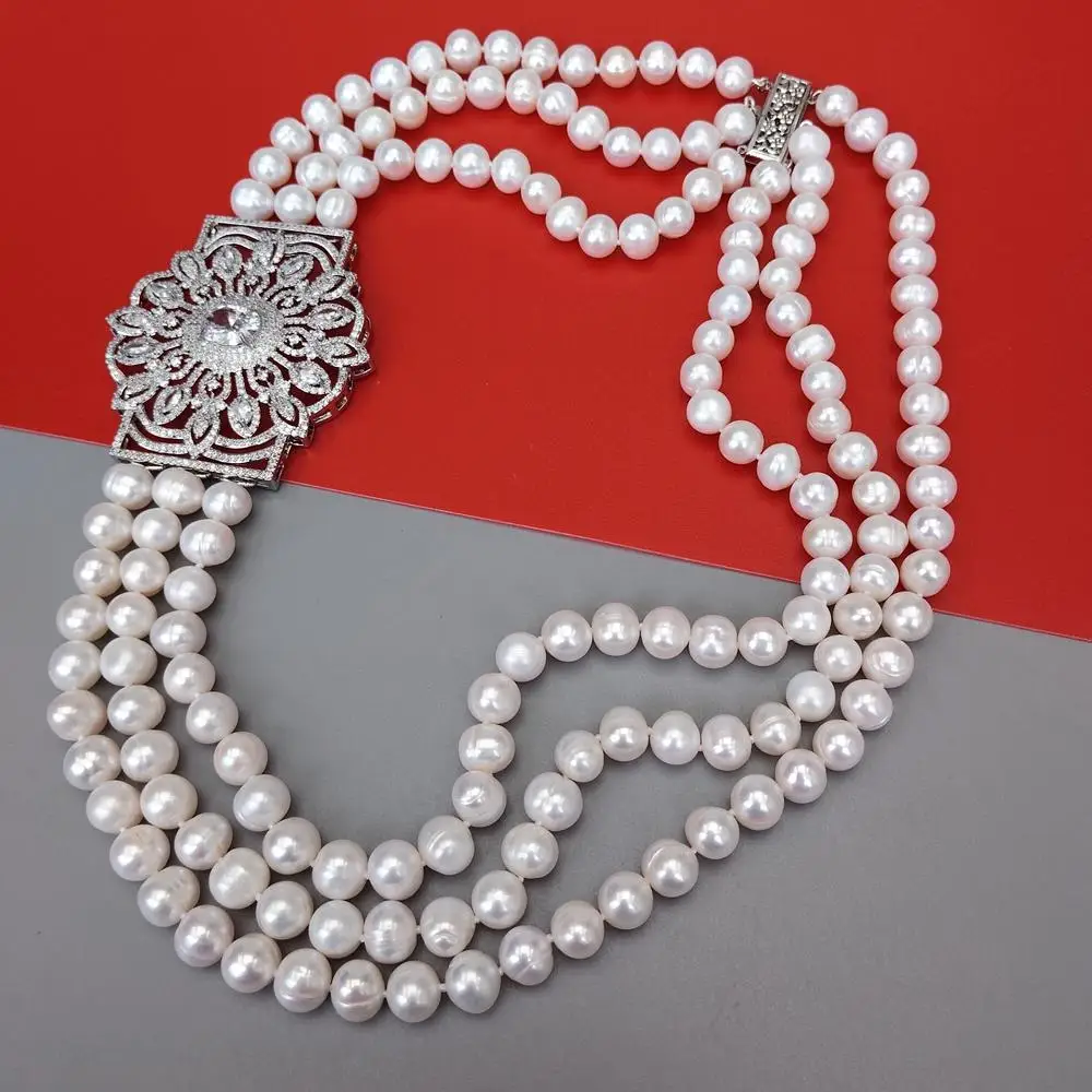 kkgem 3 Rows Freshwater 9-10mm Cultured White Pearl Chokers Necklace Big Cz Pave Pendant Wedding Jewelry