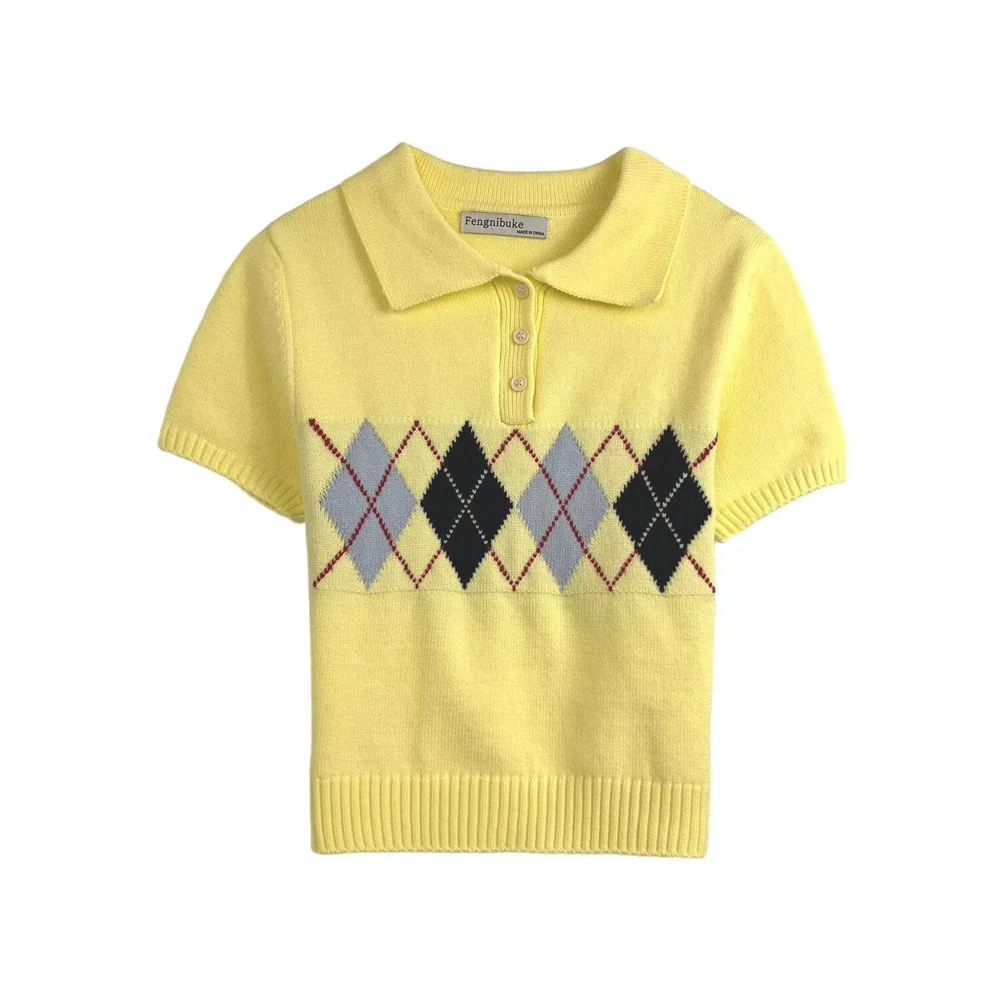 Neue herbst mode frauen POLO kragen lässig college stil diamant gitter kurzarm gestrickte pullover