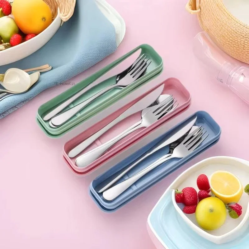 Juego de utensilios de viaje portátiles con estuche, cubiertos de cubiertos de acero inoxidable reutilizables, cubiertos para acampar, incluye tenedor, cuchara y cuchillo