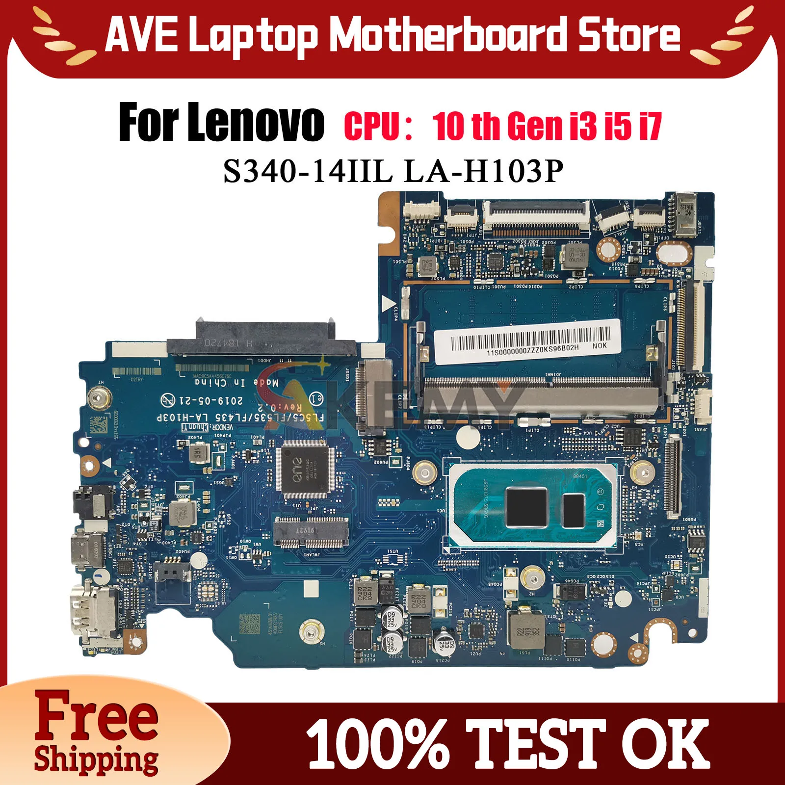 

LA-H103P For Lenovo Ideapad S340-15IIL Laptop Motherboard with i3 i5 i7 CPU 4GB RAM 100% Fully Tested