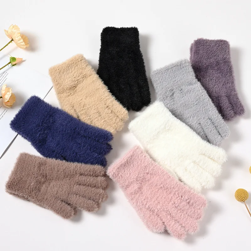 New Winter Women's Fleece-Lined Warm Outdoor Cycling Solid Color Finger-Design Touchscreen Convertible Knit Gloves