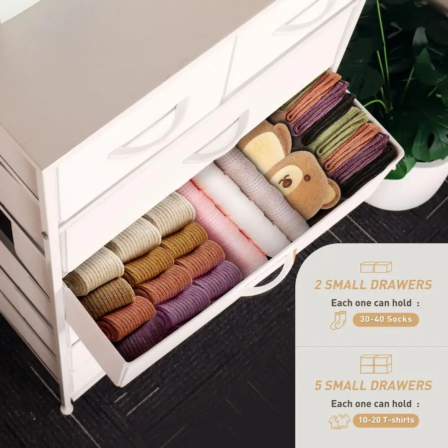 خزانة طويلة لغرفة النوم، برج منظم تخزين عمودي مع 7 أدراج، خزانة ذات أدراج مع صناديق قماش، إطار فولاذي، خشب