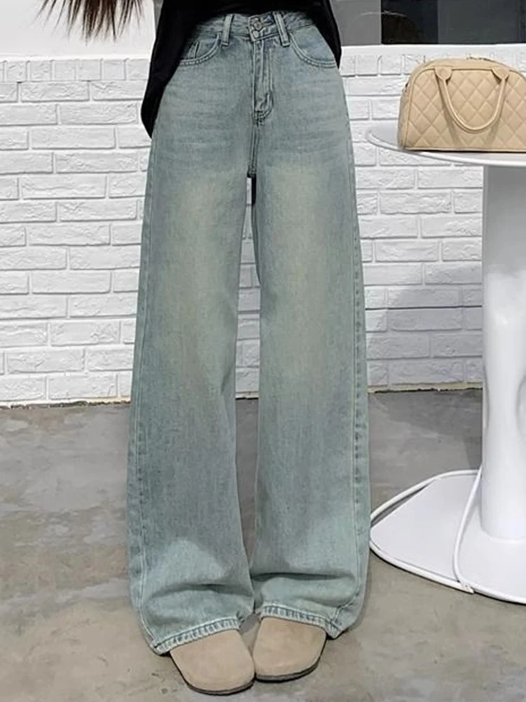 Woman 2024 Spring High Waist Wide Leg Trousers Female Washed Narrow Version Straight Leg Pants Fashion Light Blue Stacked Jeans — zdjęcie 4