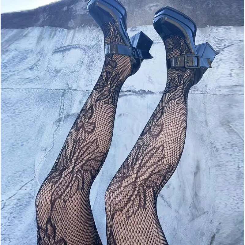 Big Flower Fishnet Stockings JK Girl Hollow Out Mesh Socks Thin Lolita Lace Black Silk