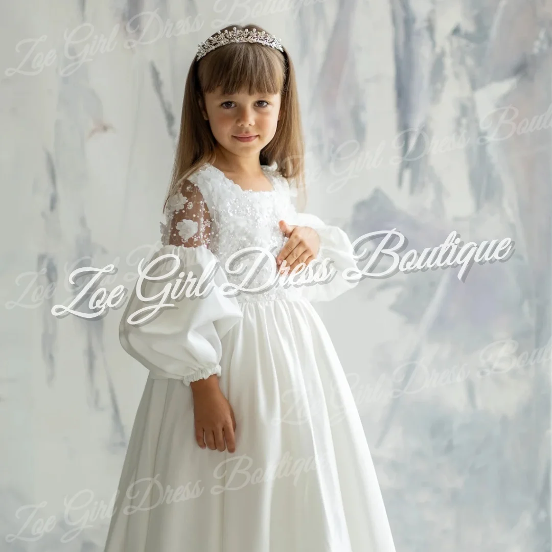 Customized Ivory Floral Lace Puff Long Sleeve Beaded Satin Flower Girl Dress Kids Wedding Baptism First Holy Communion Gowns