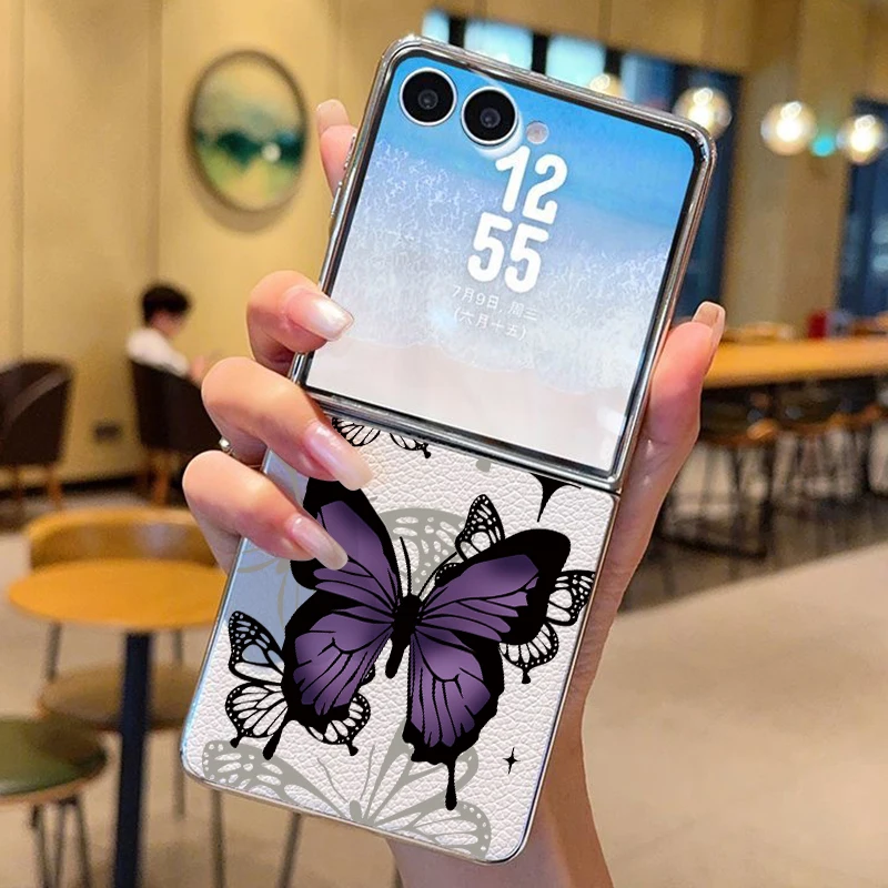 Purple Butterfly PU Leather Phone Case For Samsung Galaxy Z Flip7 FE Flip6 Flip 7 6 5 5G Silver Plating Frame Hard Folding Cover