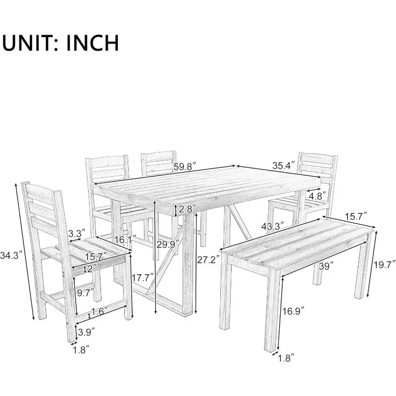 6 Piece Patio Conversation Furniture Set, 6-Piece Outdoor Table Set with 4 Chairs and 1 Bench for 6 Persons