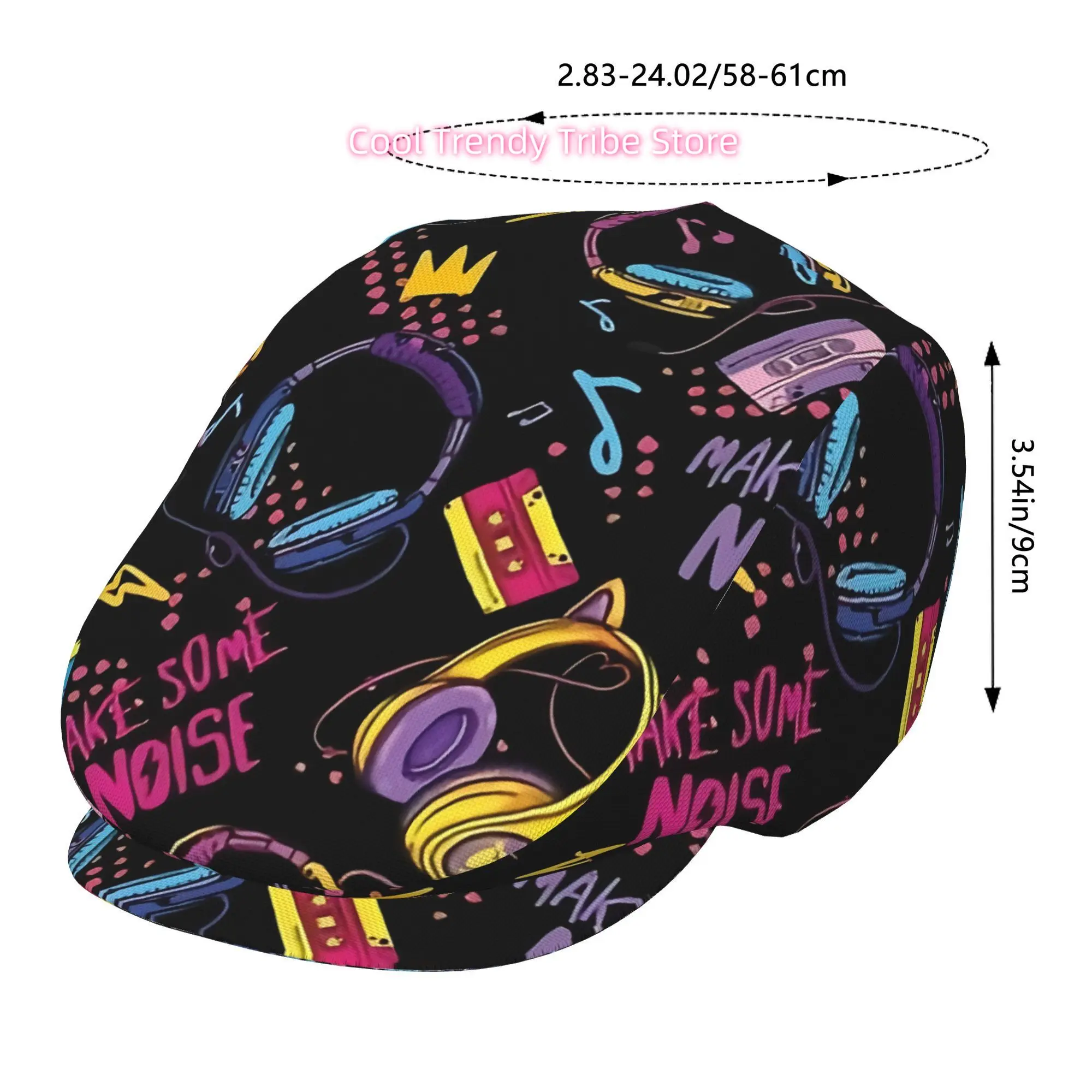 1pc Noise Paradise Retro 80s/90s Music-Themed Beret Cap - DJ-Inspired Full-Print Pop Culture Design with Cassette Tapes, Headpho