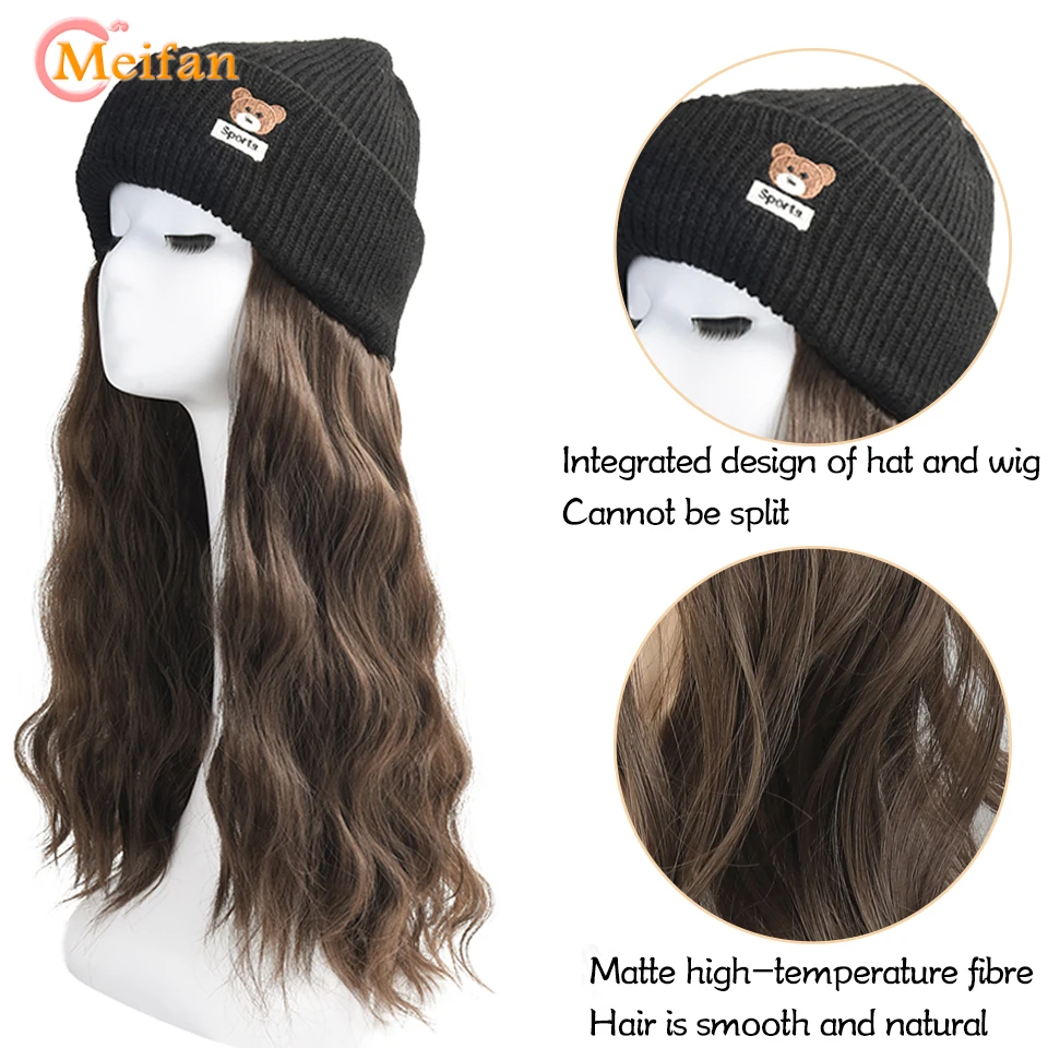 MEIFAN Beanies Knitted Warm Hat Wig Synthetic Long Water Wavy Curly Hairpiece with Hat for Women Fashion Warm Elastic Bonnet