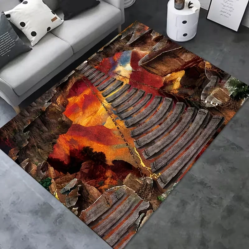 2D Illusion Cliff Suspension Bridge Area Rug Canyon Mountain Scenery Print Soft Floor Mat Creative Visual Carpet for Living Room