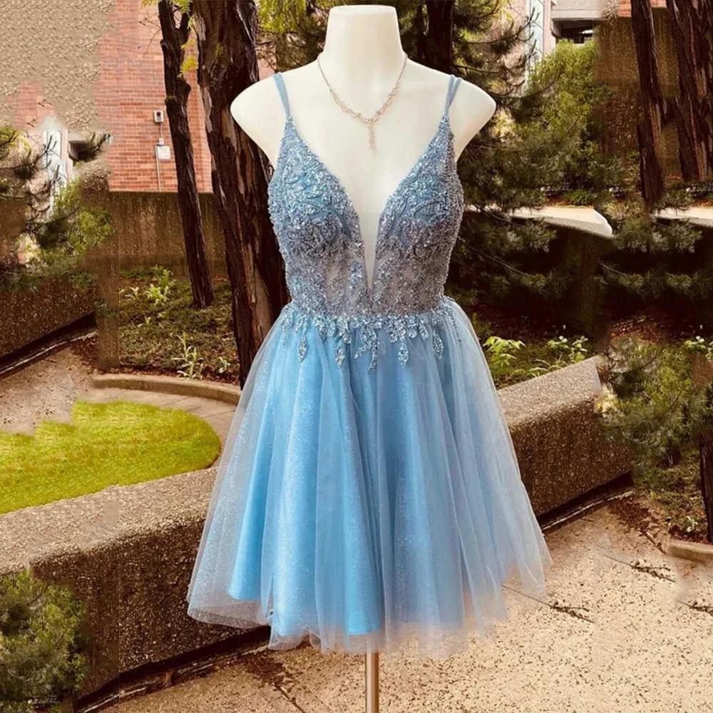 

Customized Blue Prom Dresses Mini A Line Short Evening Dress For Women Backless Spaghetti Straps Applique V Neck Sexy Party Dres